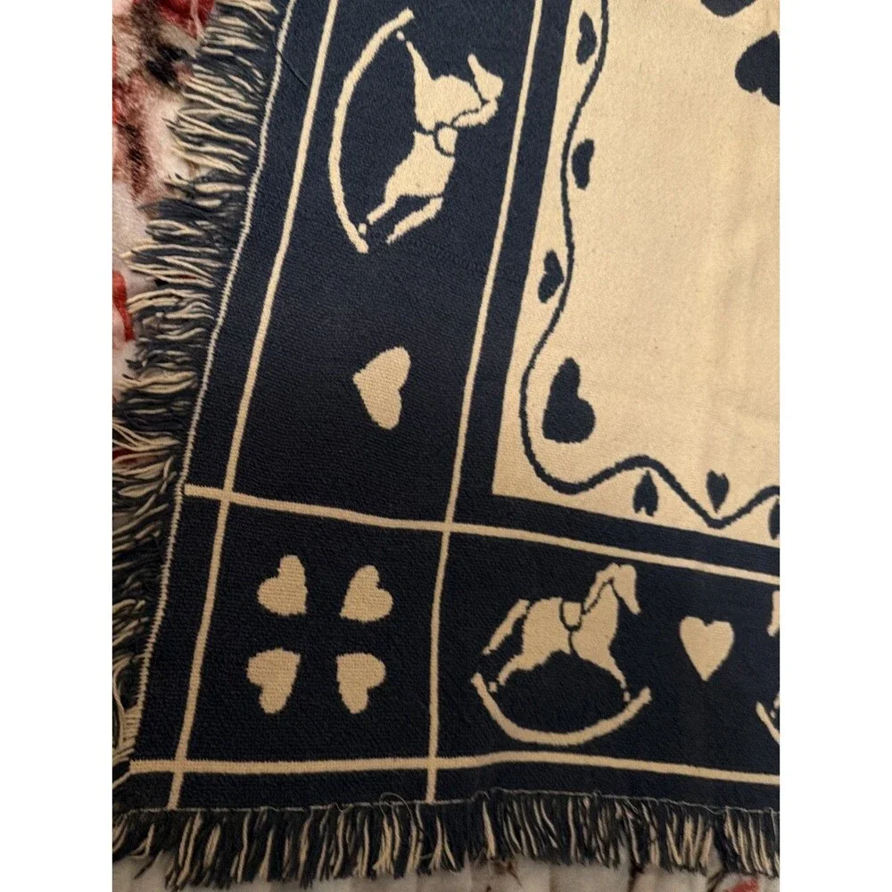Vtg Goodwin Weavers Reversible Throw Blanket Tapestry Heart Horse 32x42 USA. GUC